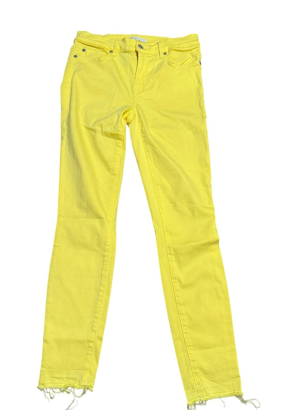 7 For All Mankind Yellow Ankle Skinny Jeans, Raw Hem Stretch Denim, Women's 28